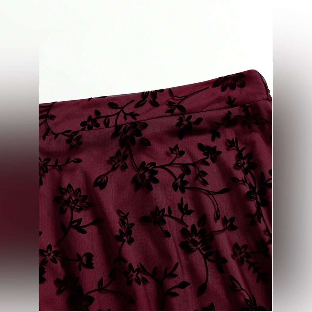Floral Flocking Tulle Long A-Line Skirt Red - Picture 12 of 12